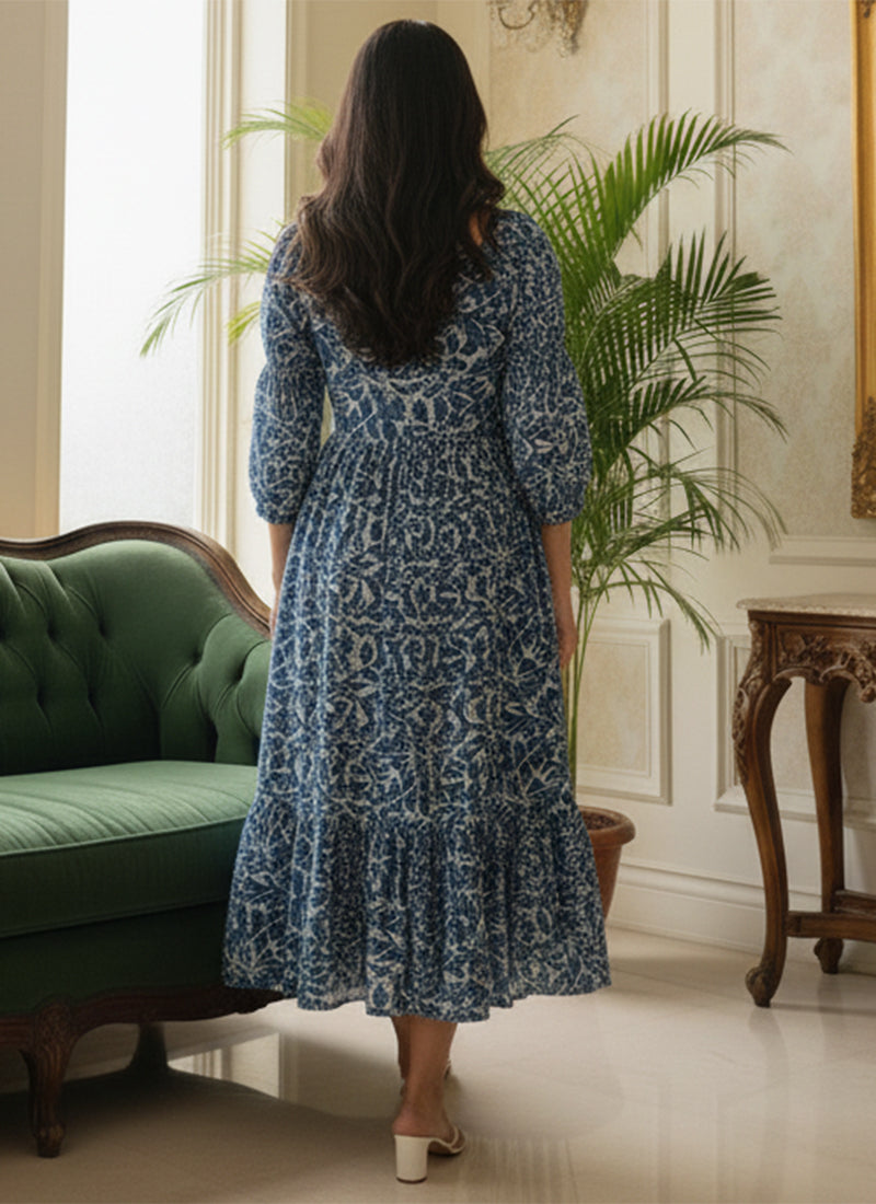 Blue Leaf Printed Georgette Outwear Midi Dress