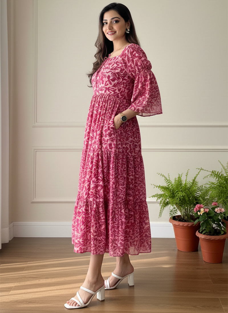 Dark Pink Leaf Printed Georgette Outwear Midi Dress