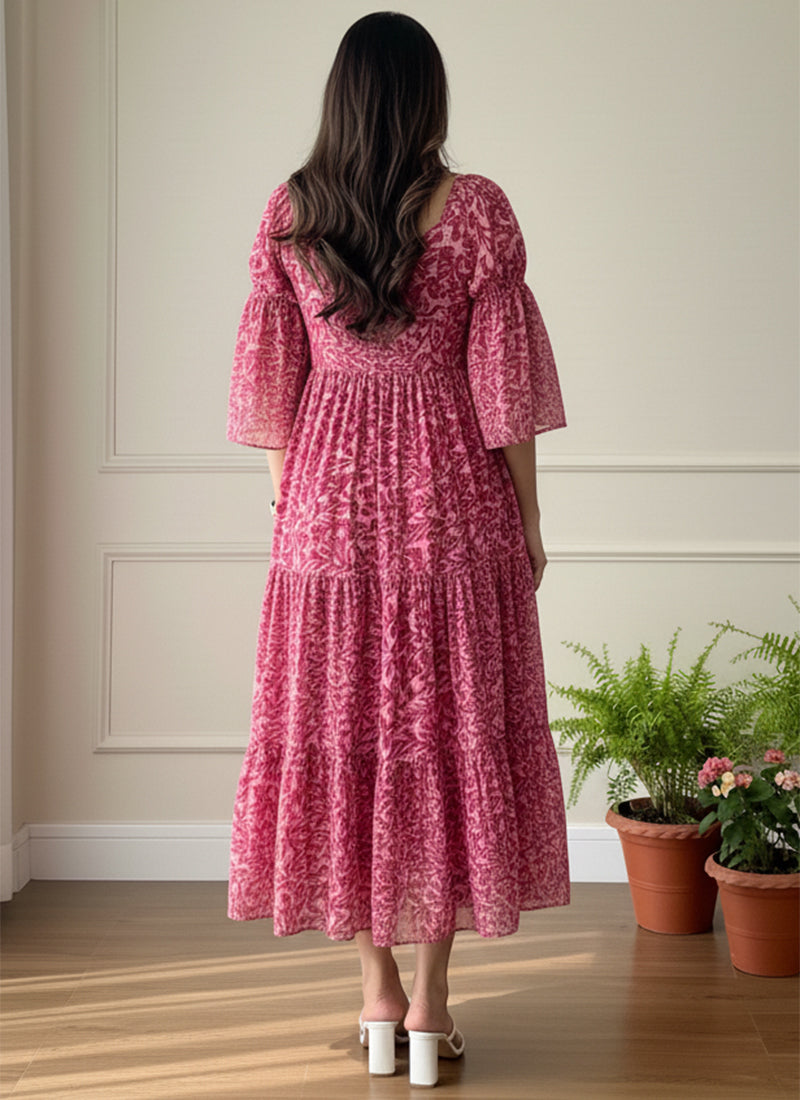 Dark Pink Leaf Printed Georgette Outwear Midi Dress