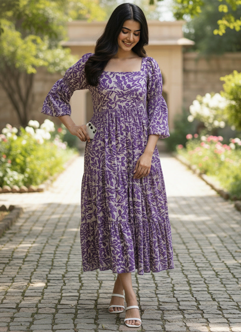 Purple Leaf Printed Georgette Outwear Midi Dress