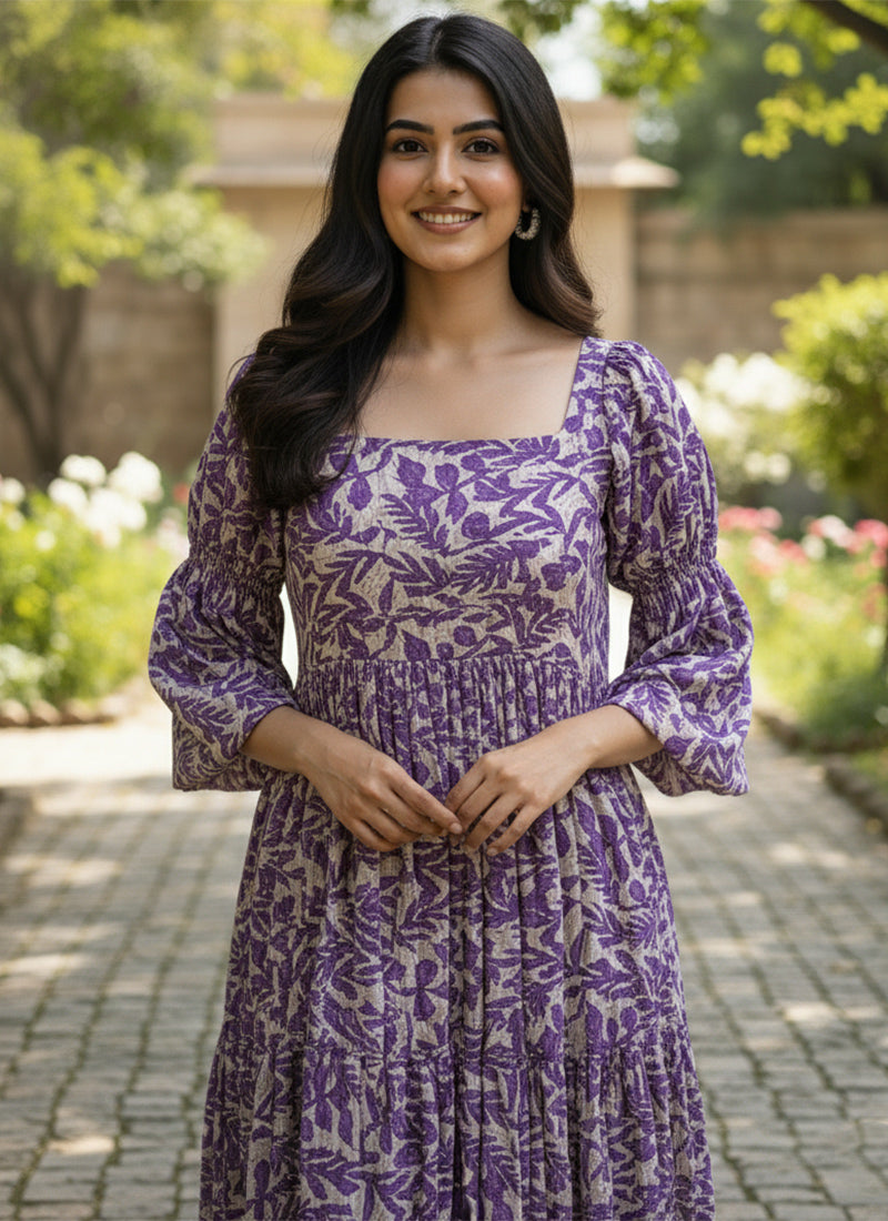 Purple Leaf Printed Georgette Outwear Midi Dress