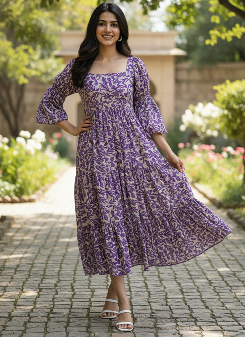 Purple Leaf Printed Georgette Outwear Midi Dress