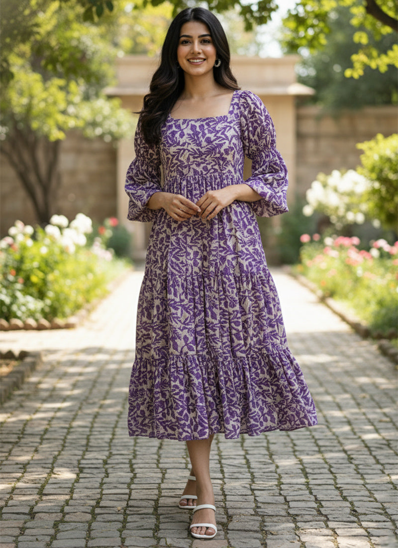 Purple Leaf Printed Georgette Outwear Midi Dress