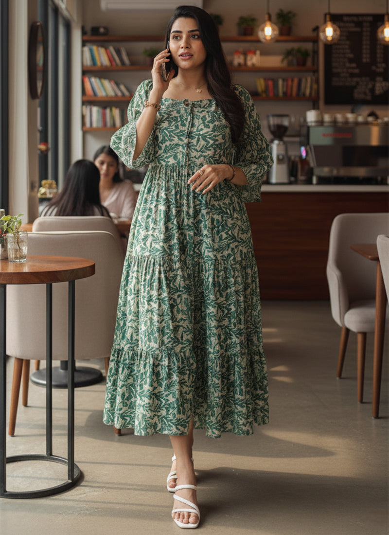 Green Leaf Printed Georgette Outwear Midi Dress