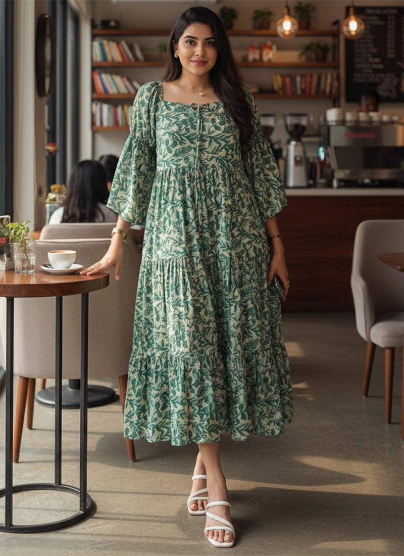 Green Leaf Printed Georgette Outwear Midi Dress
