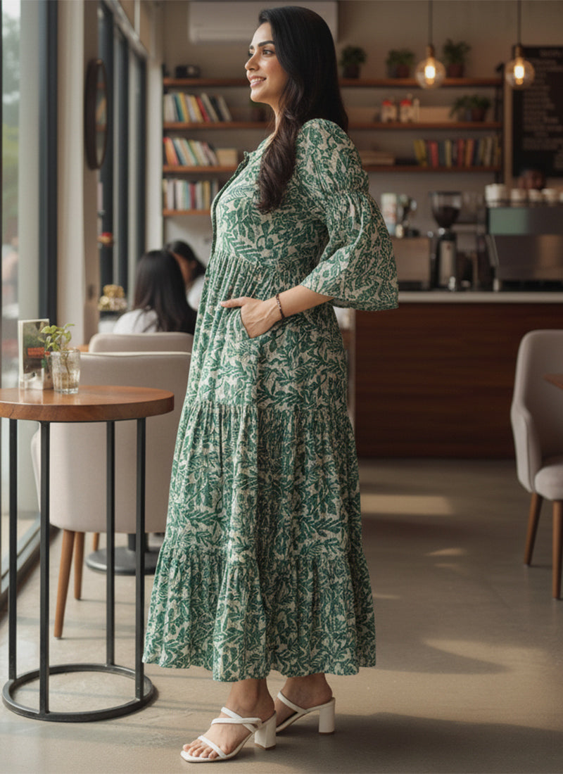 Green Leaf Printed Georgette Outwear Midi Dress