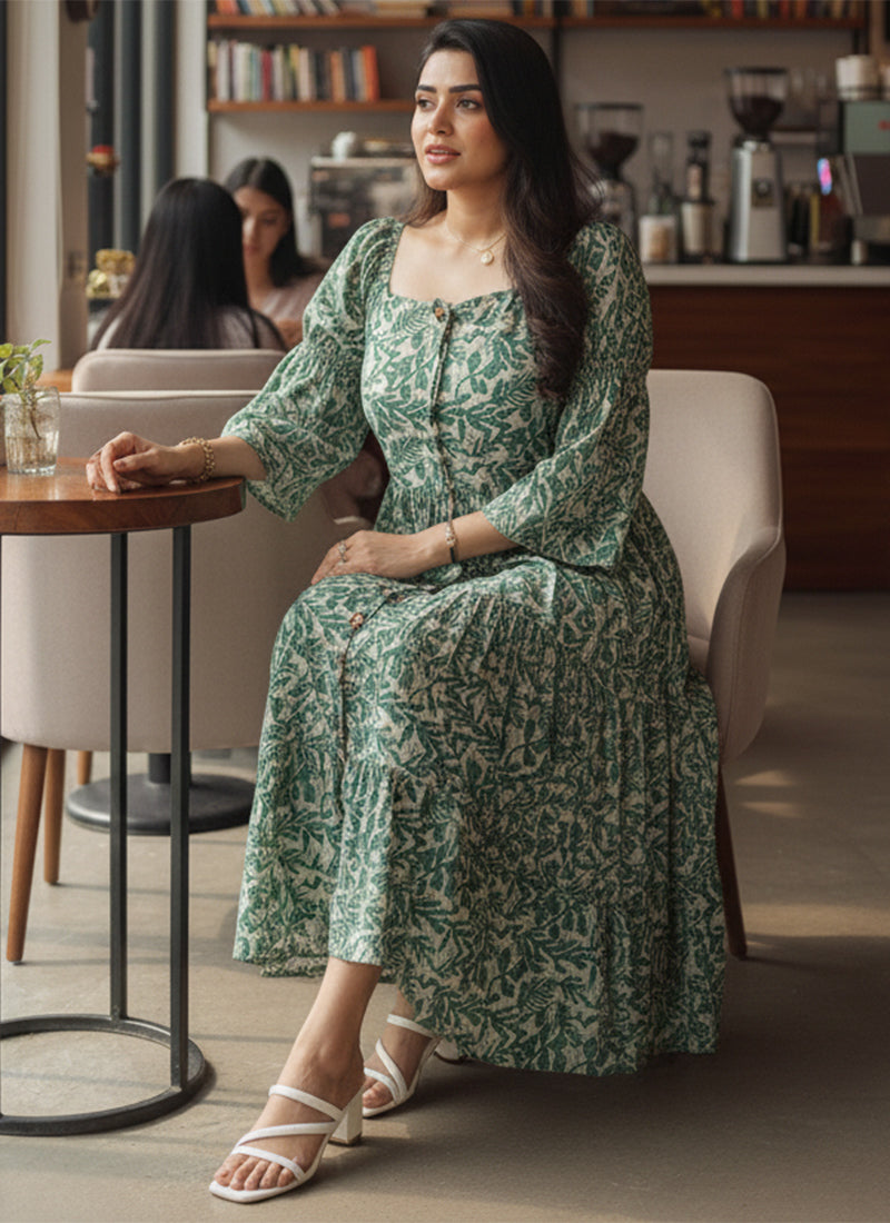 Green Leaf Printed Georgette Outwear Midi Dress