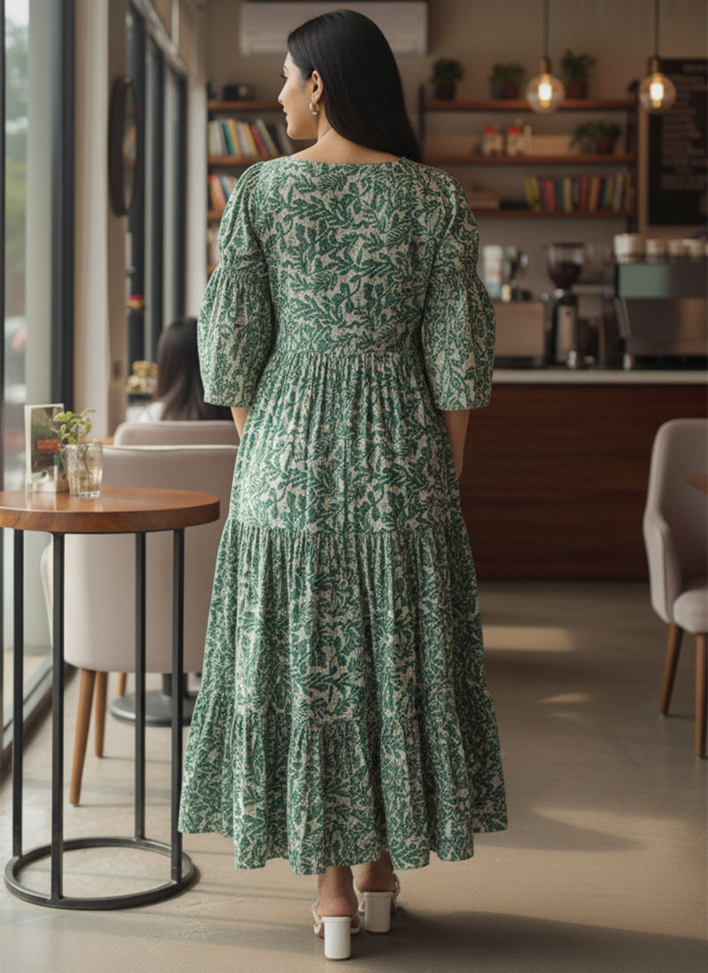 Green Leaf Printed Georgette Outwear Midi Dress