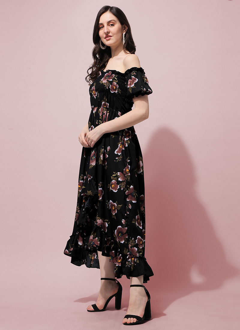 Black Floral Printed Smocked Maxi Dress