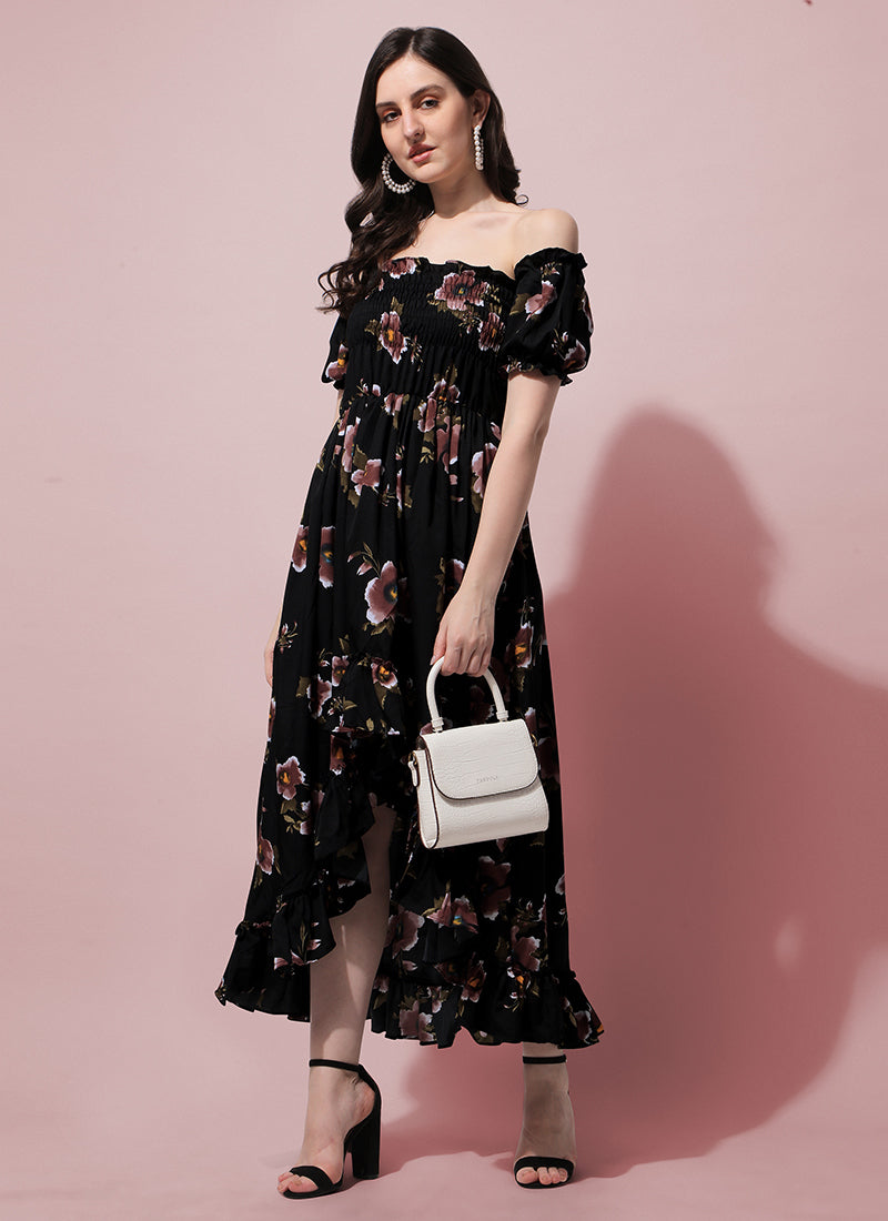 Black Floral Printed Smocked Maxi Dress