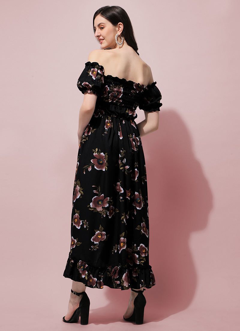 Black Floral Printed Smocked Maxi Dress