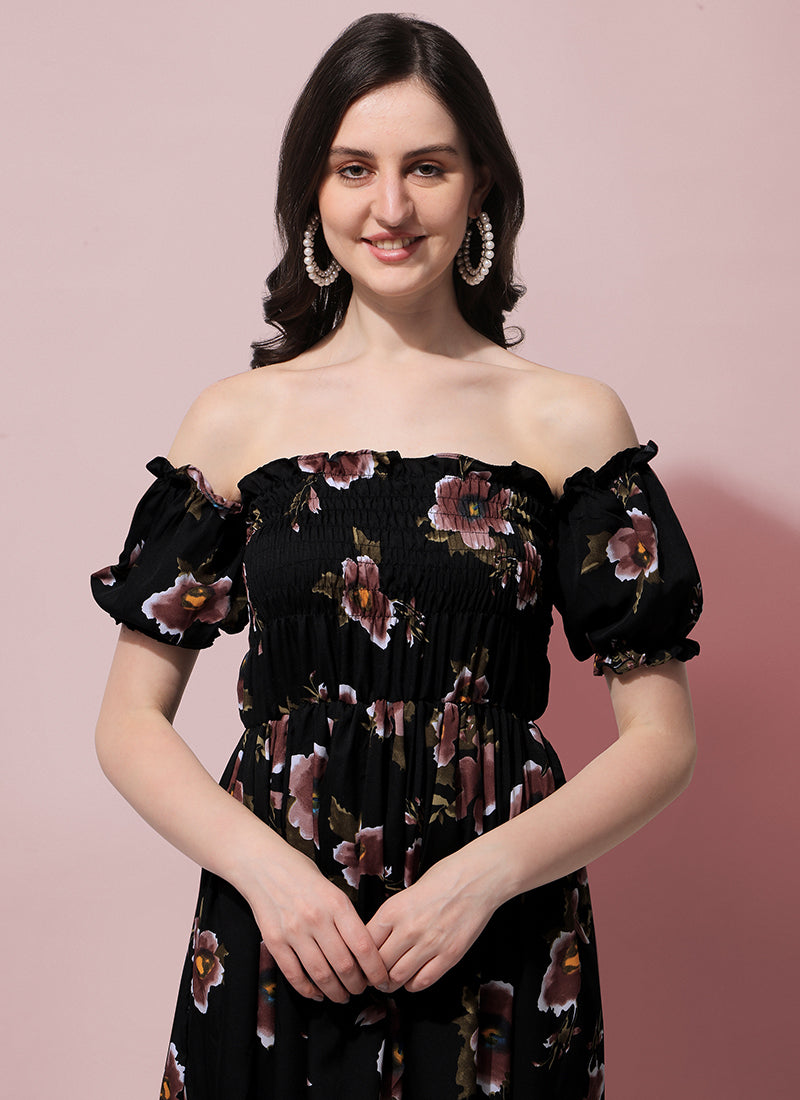 Black Floral Printed Smocked Maxi Dress