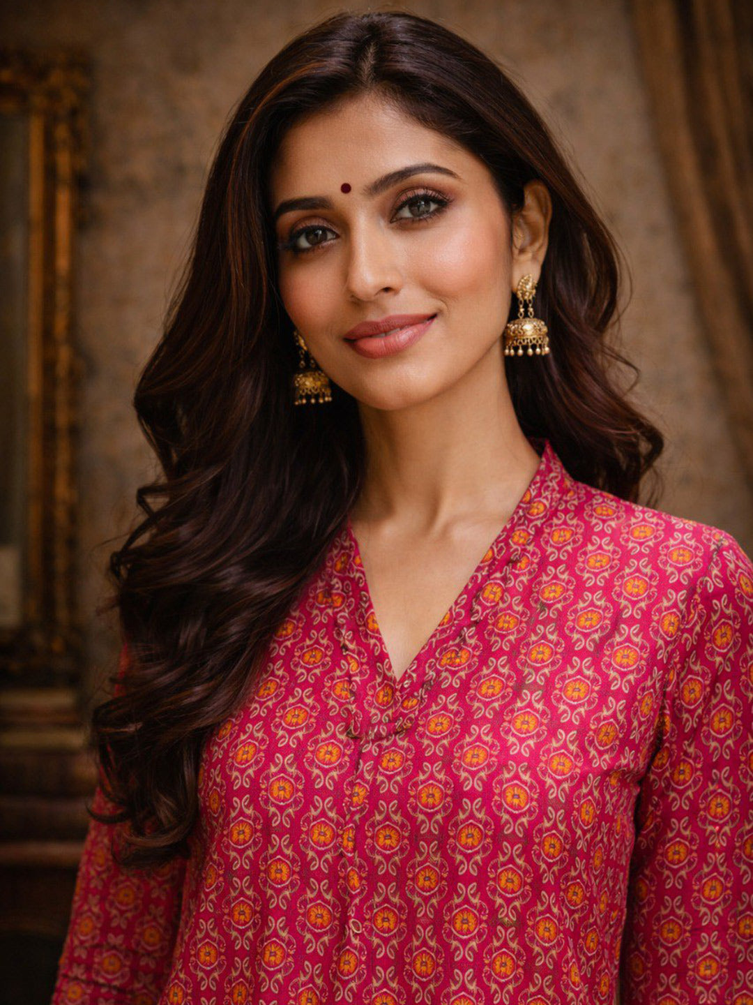 Magenta Geometric Floral Print Muslin Casual Short Kurti