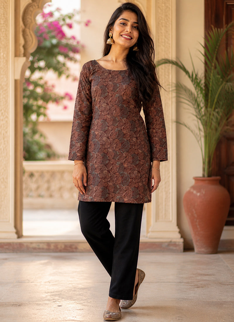 Brown Rayon Printed Office Wear Kurti