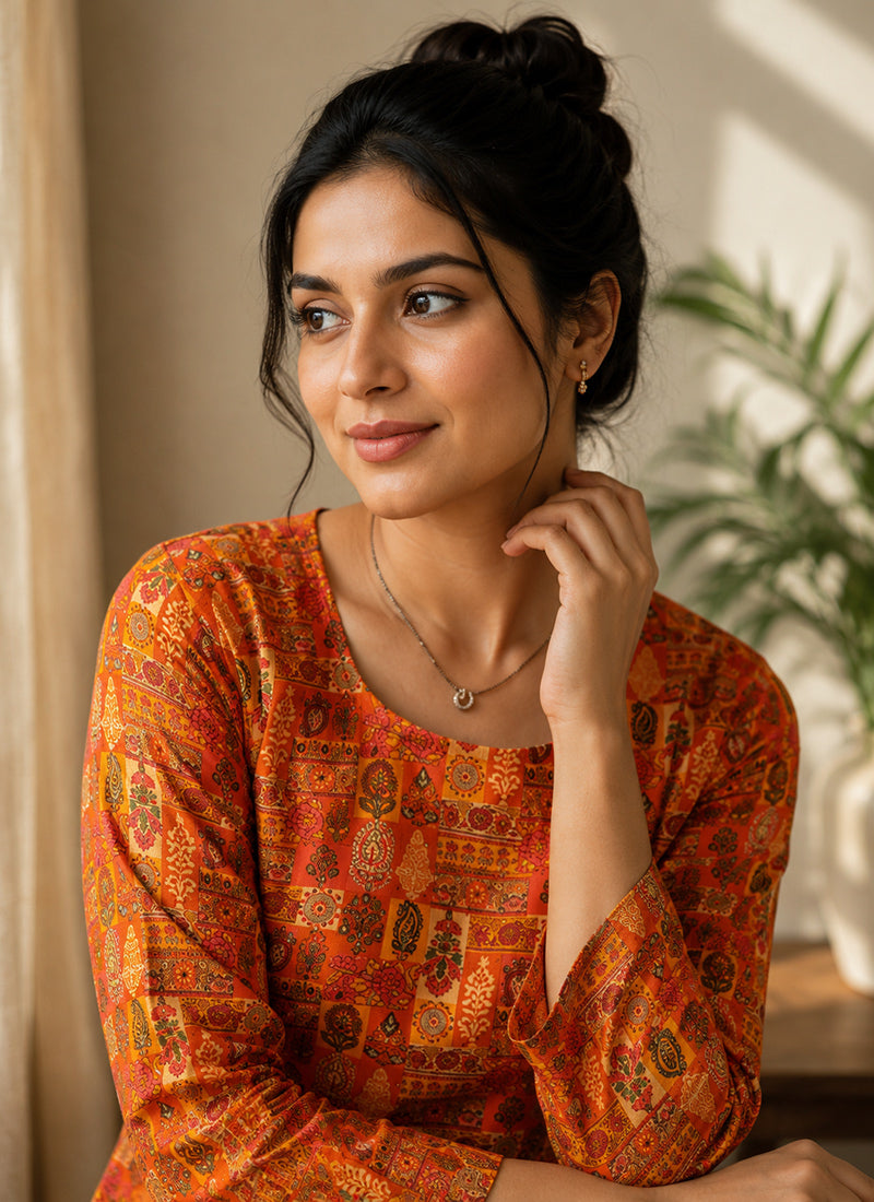 Multicolor Kalamkari Printed Rayon Kurti