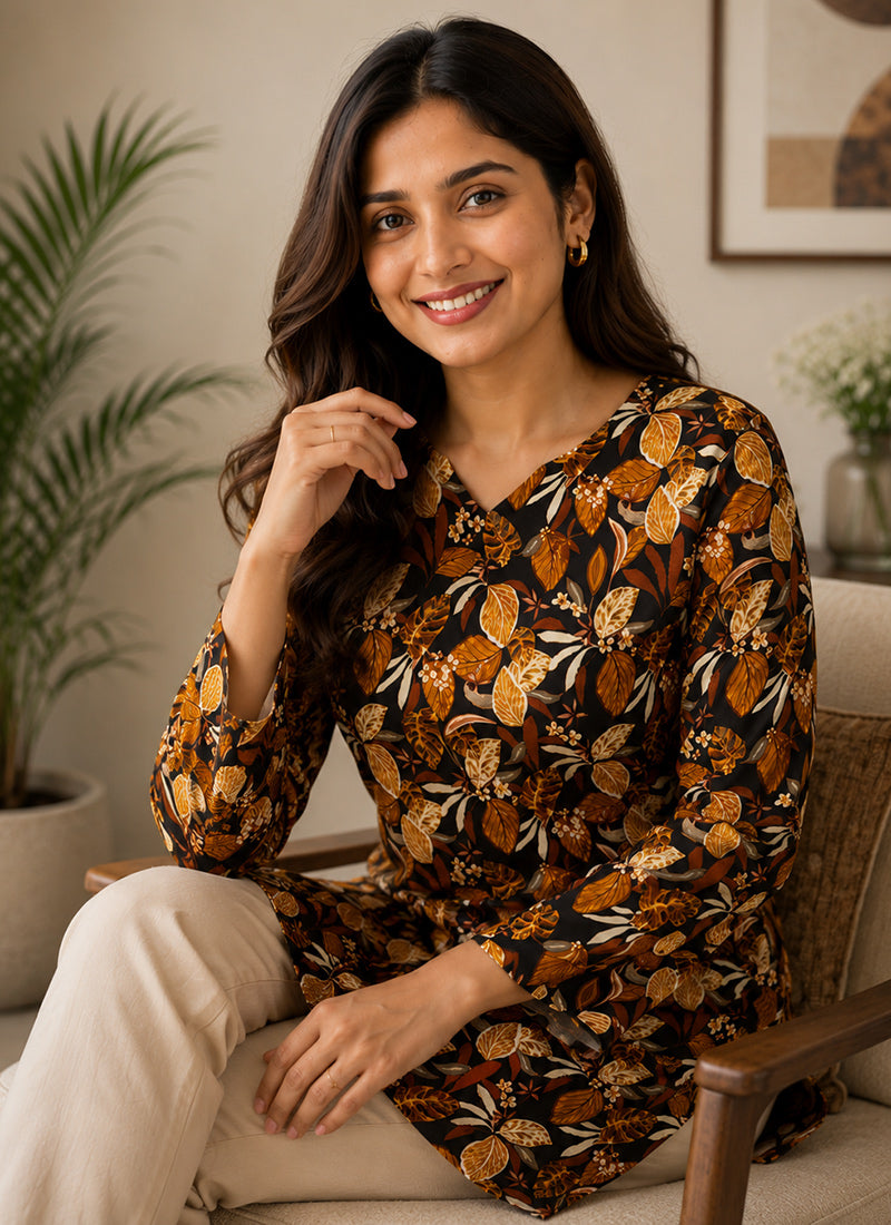 Black Rayon Printed Office Wear Kurti
