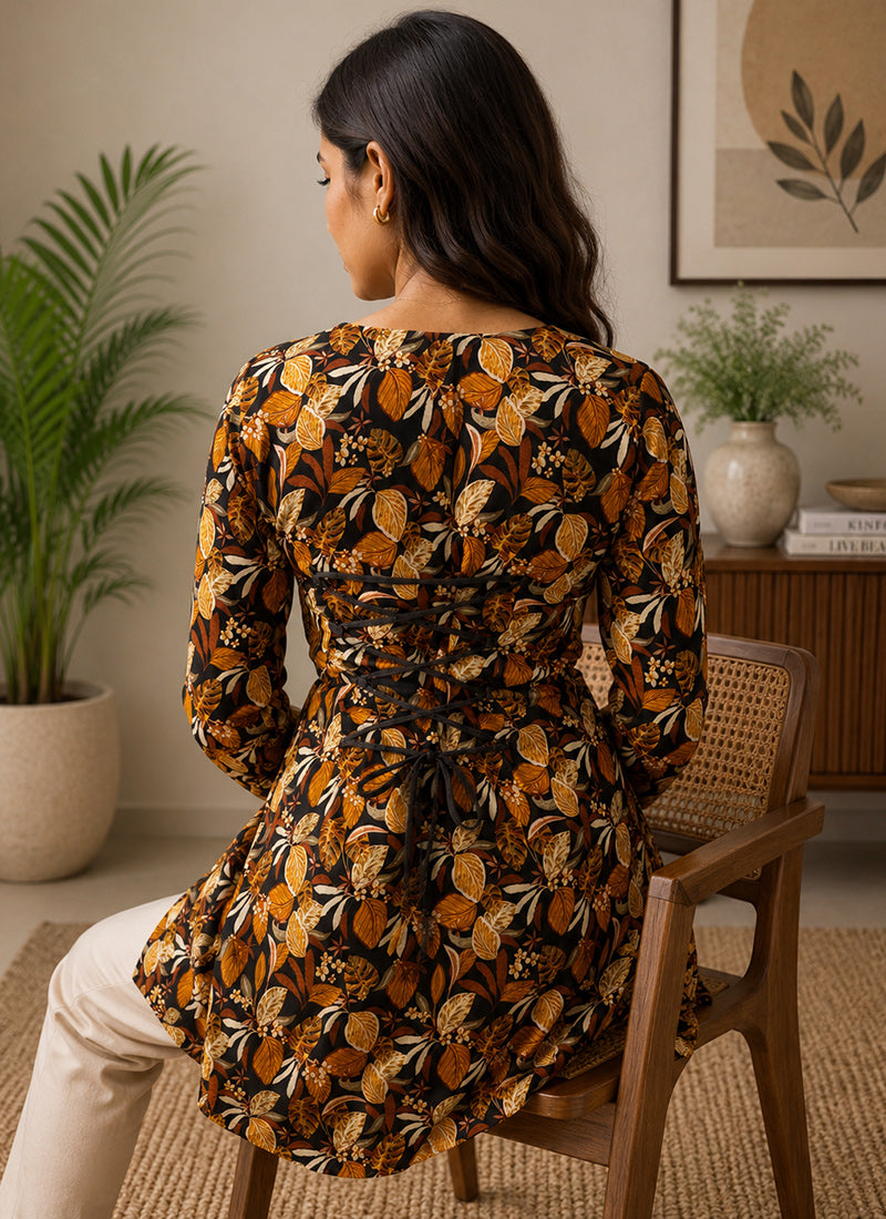Black Rayon Printed Office Wear Kurti