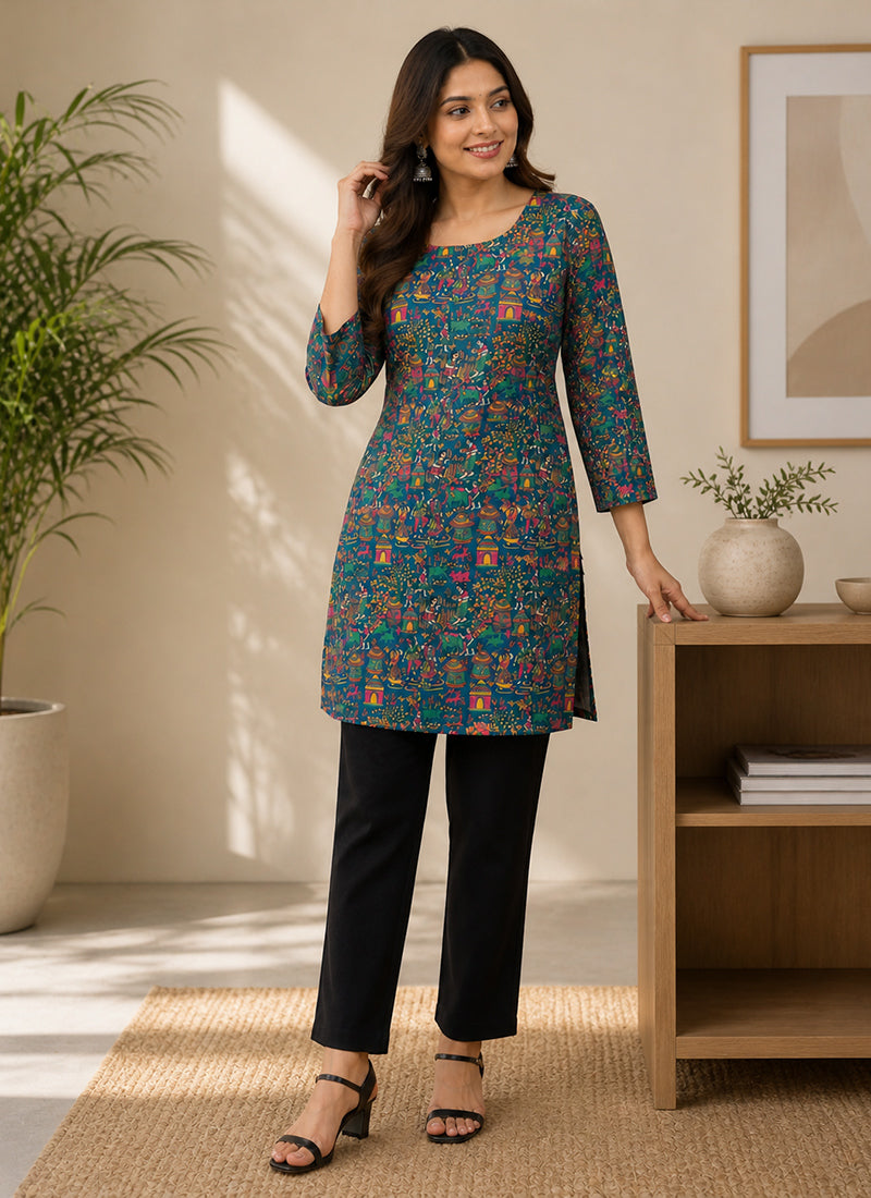 Teal Rayon Printed Outwear Kurti
