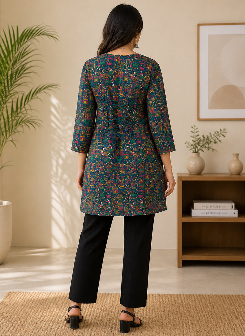 Teal Rayon Printed Outwear Kurti