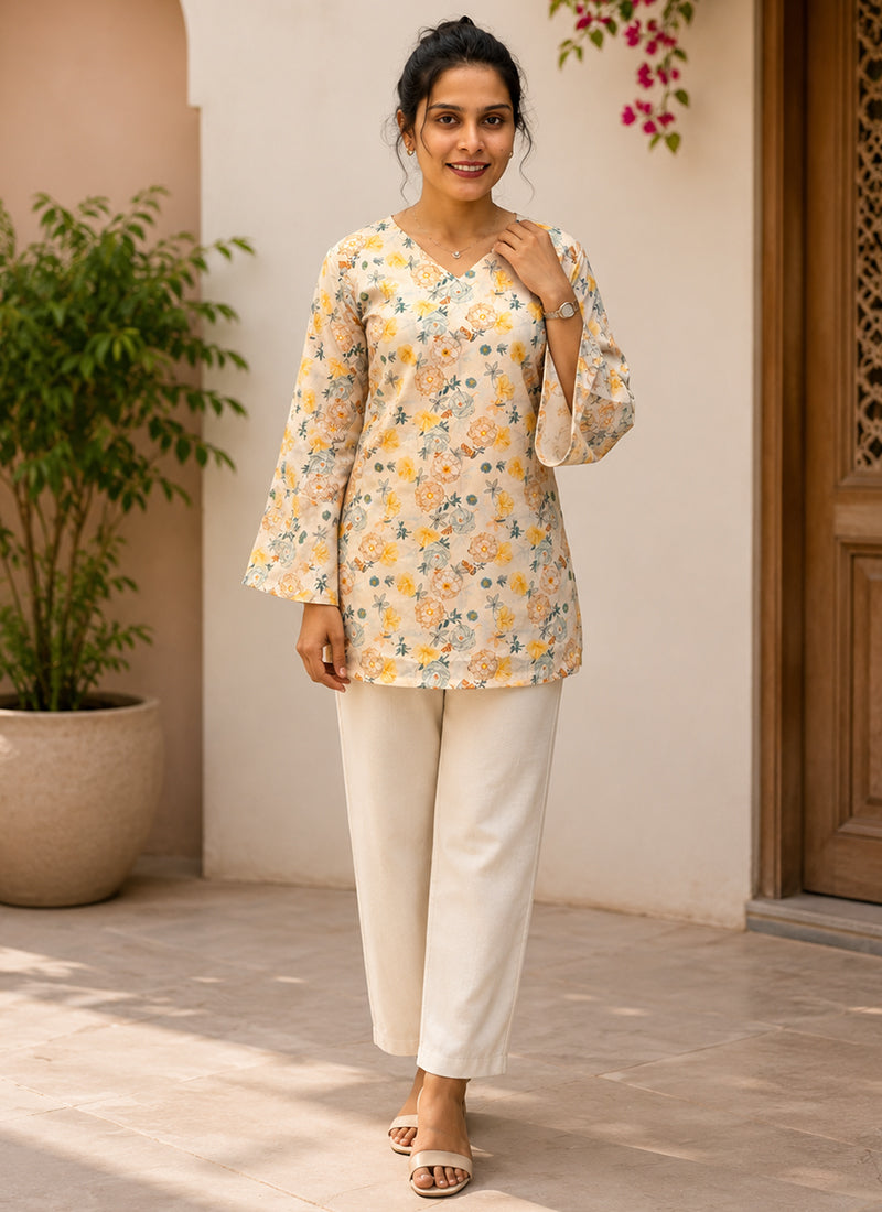 Cream Rayon Printed Casual Kurti