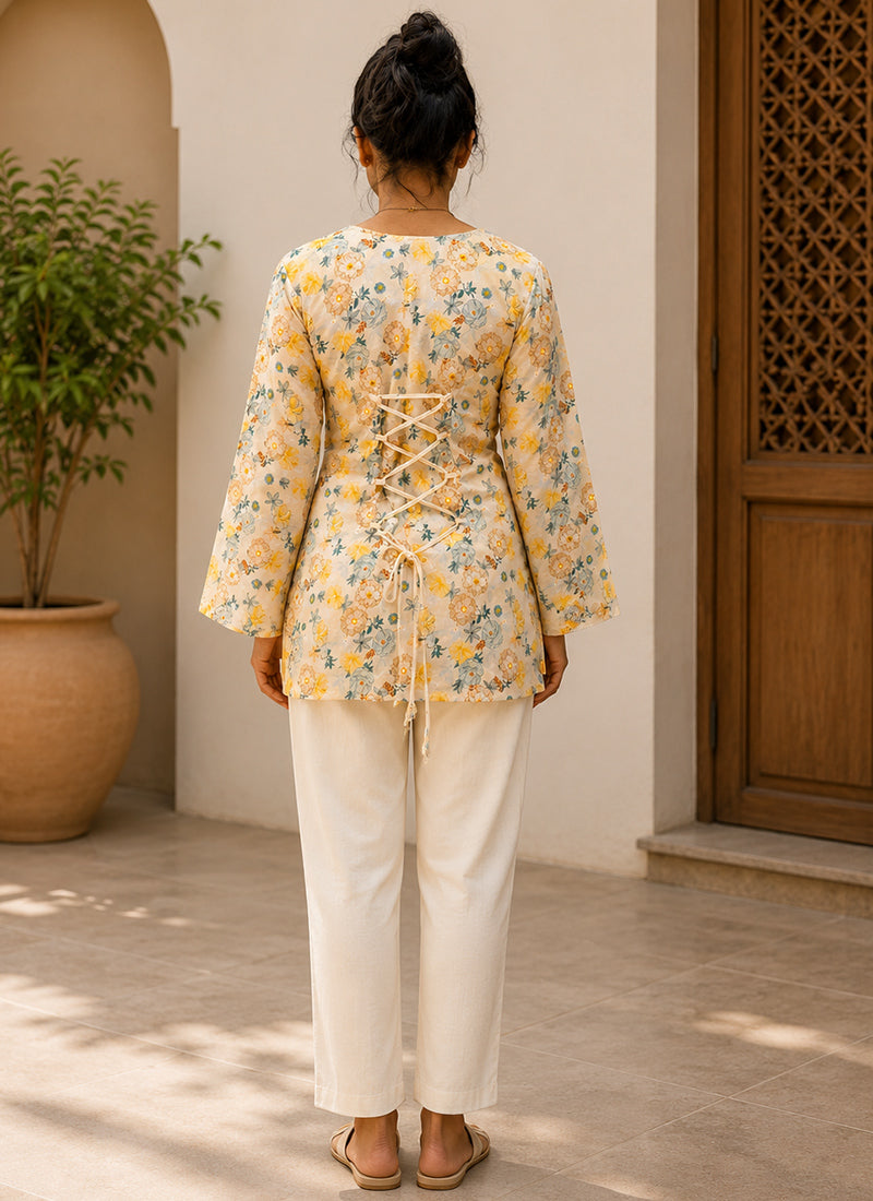 Cream Rayon Printed Casual Kurti