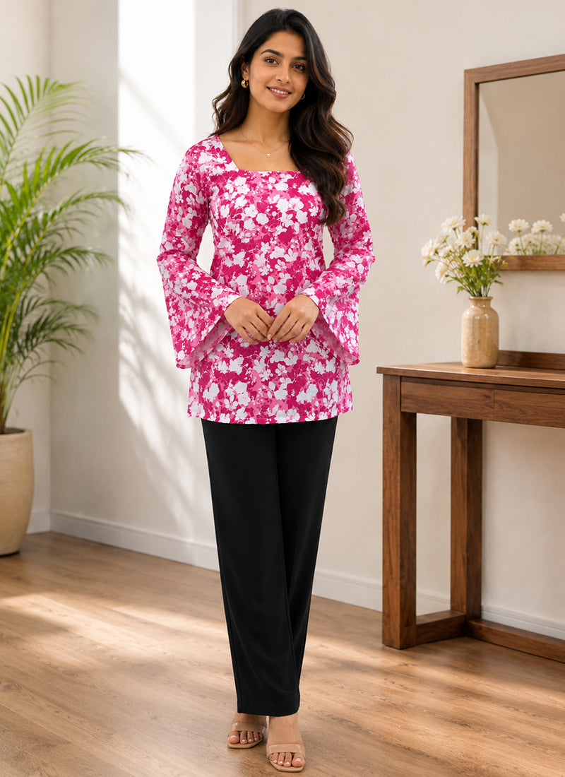 Magenta Rayon Flower Printed Kurti