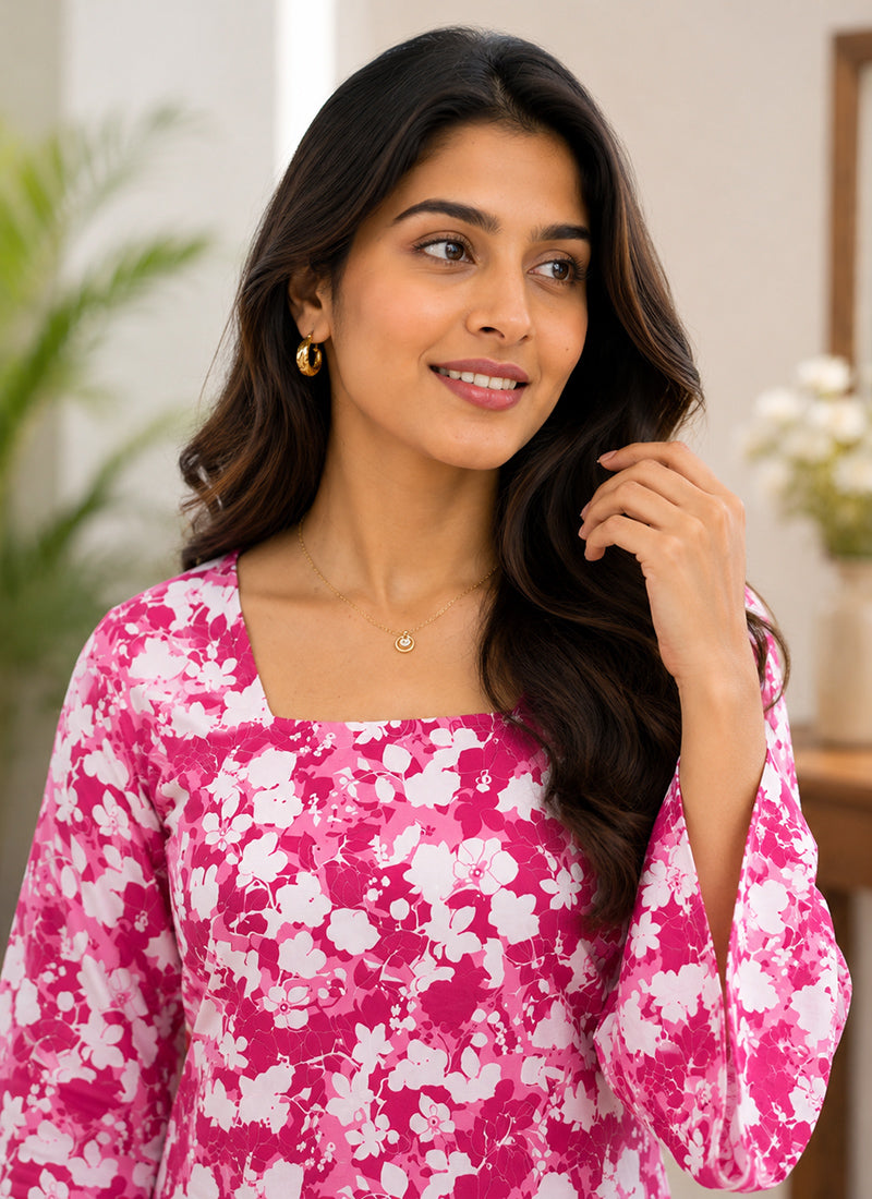 Magenta Rayon Flower Printed Kurti
