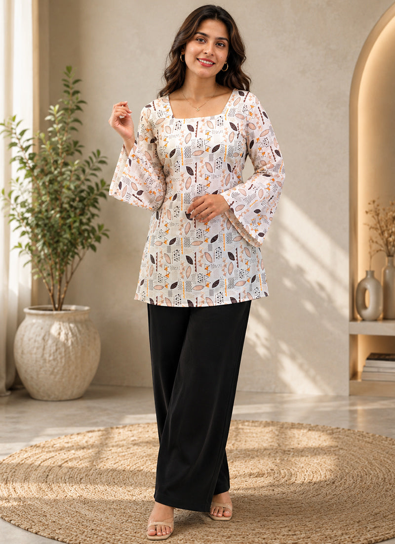 Off White Rayon Printed Office Wear Kurti