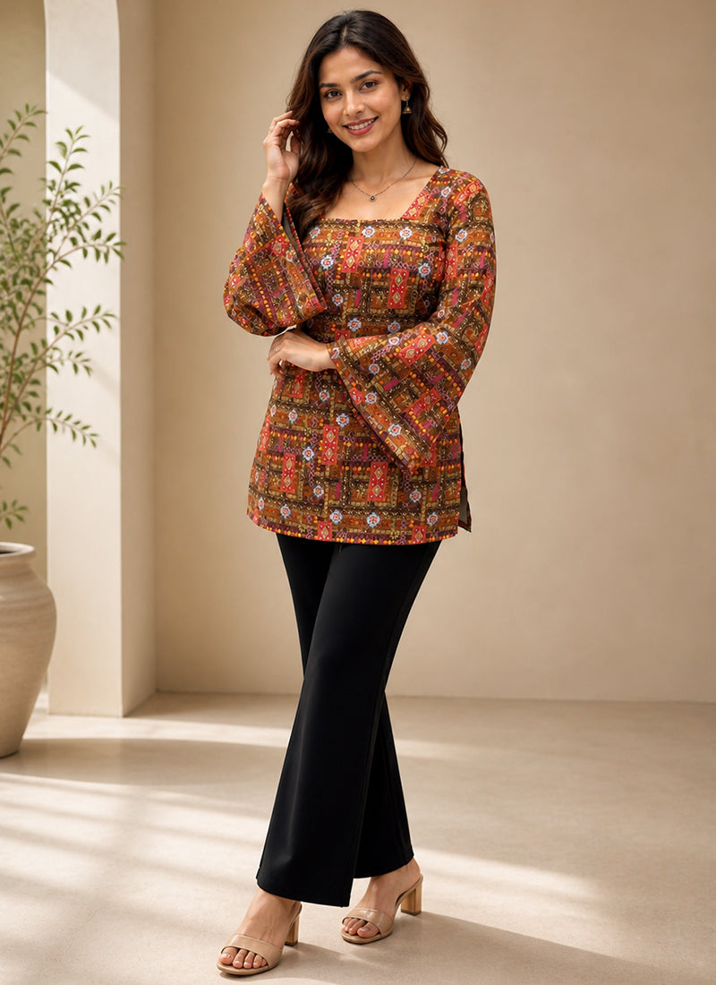 Multicolor Rayon Printed Bell Sleeve Kurti