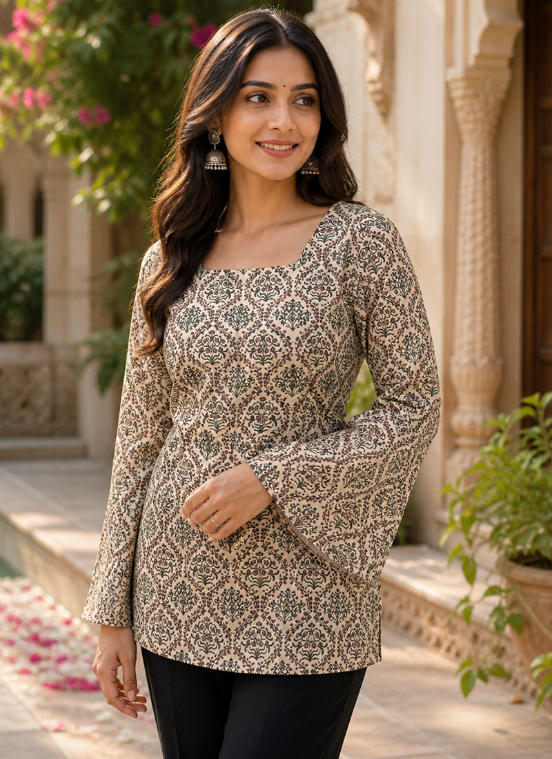 Off White Rayon Printed Square Neck Kurti