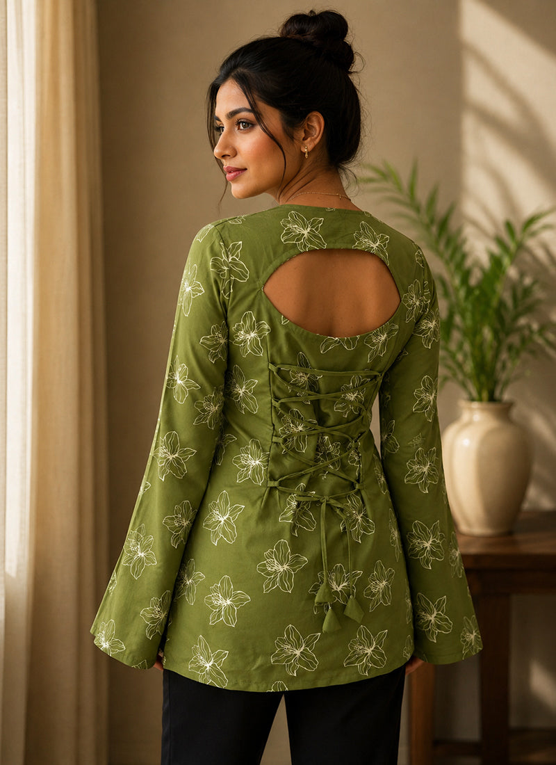Green Rayon Printed V Neck Casual Kurti