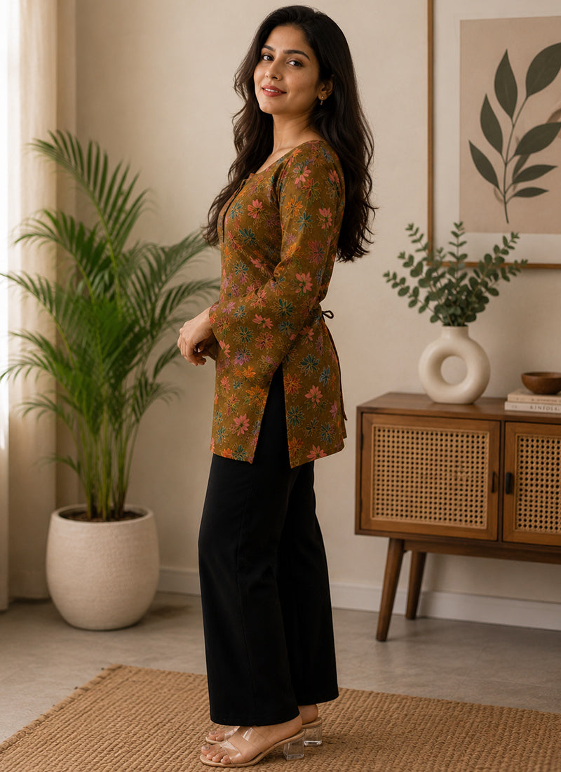 Mustard Rayon Printed Sqaure Neck Kurti