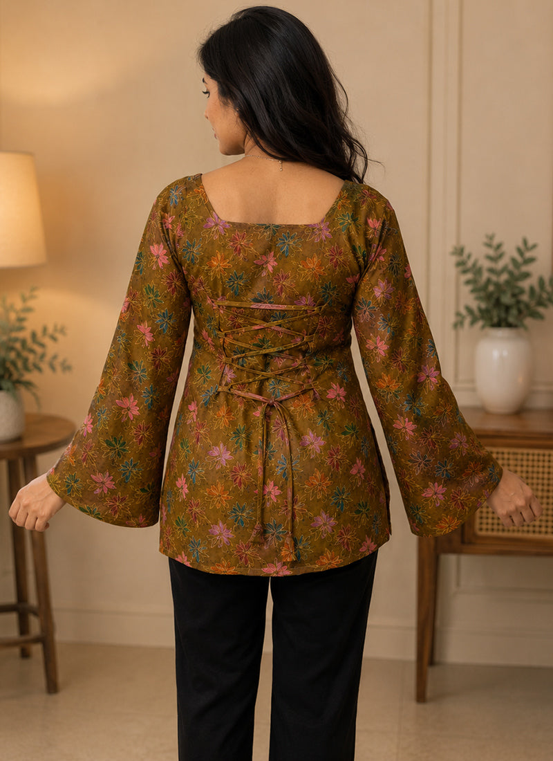 Mustard Rayon Printed Sqaure Neck Kurti