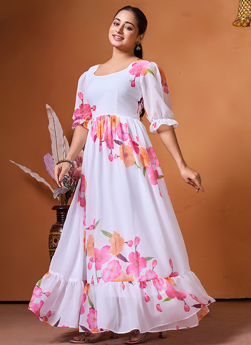 White Flower Printed Georgette Outwear Midi Dress