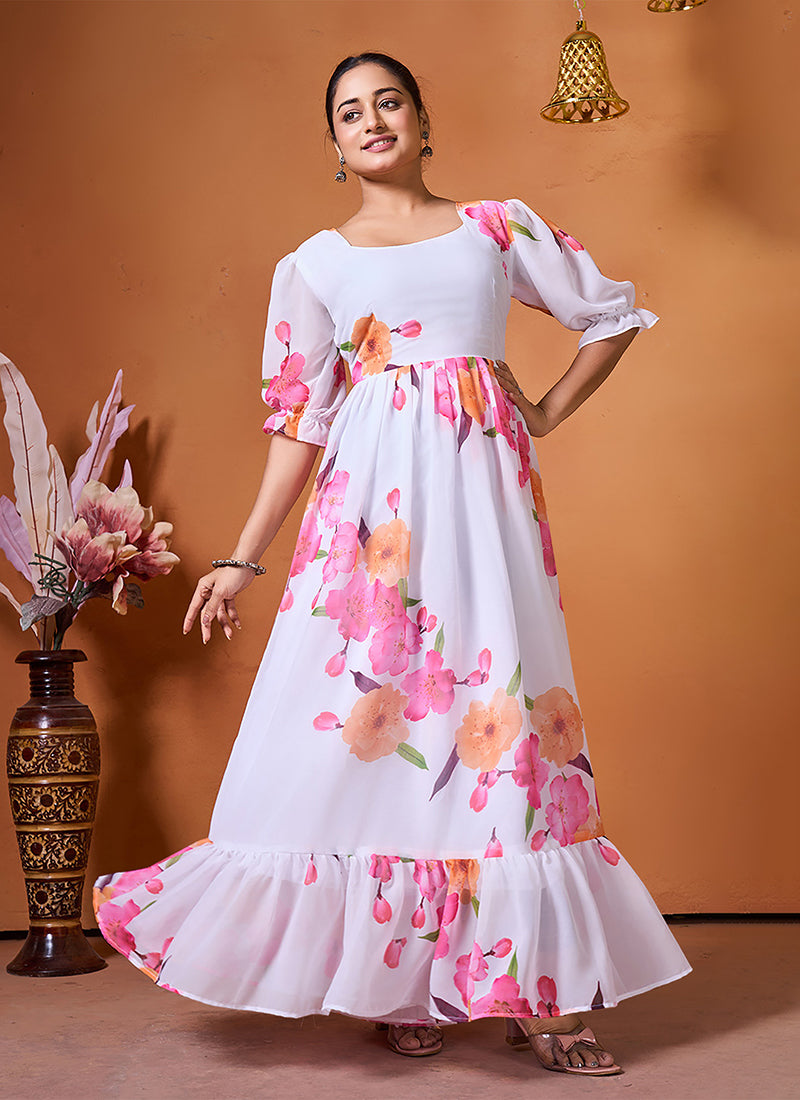 White Flower Printed Georgette Outwear Midi Dress