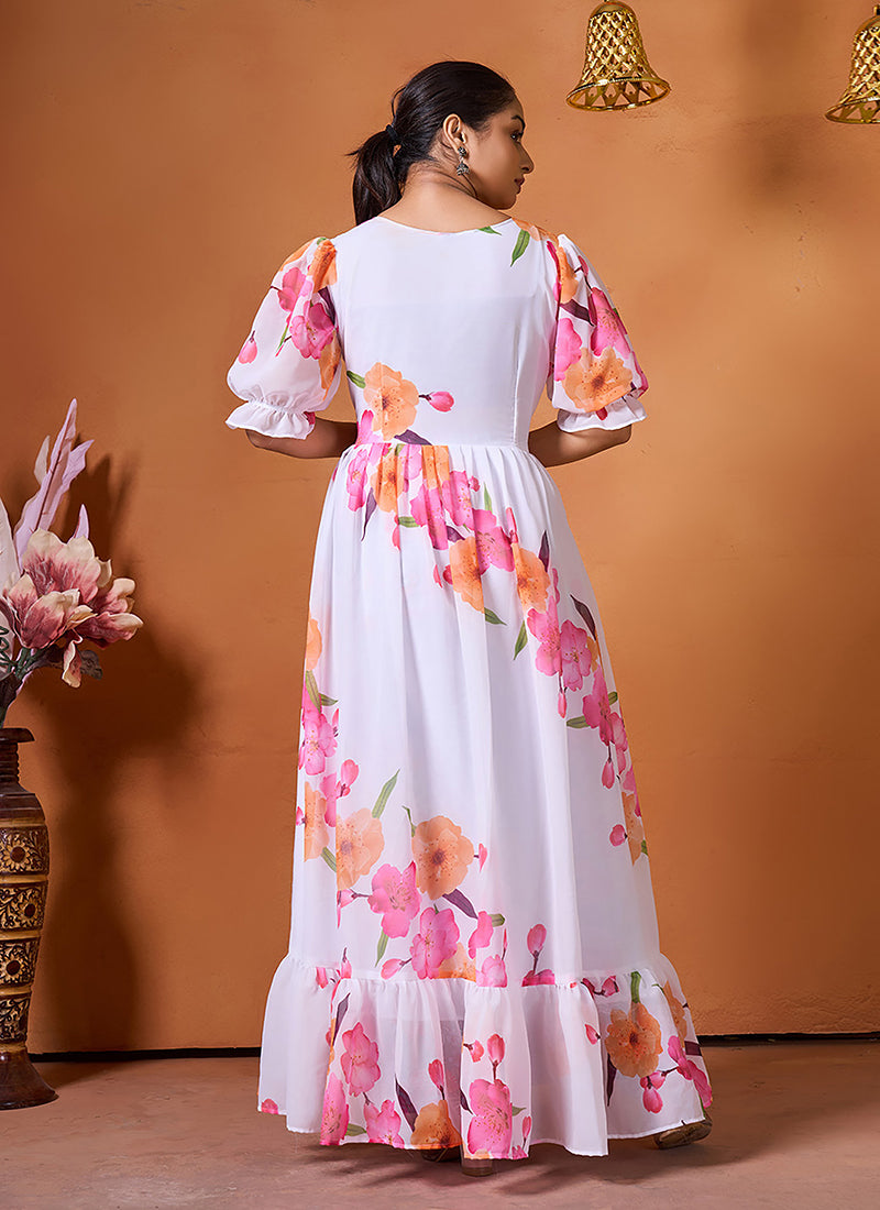 White Flower Printed Georgette Outwear Midi Dress