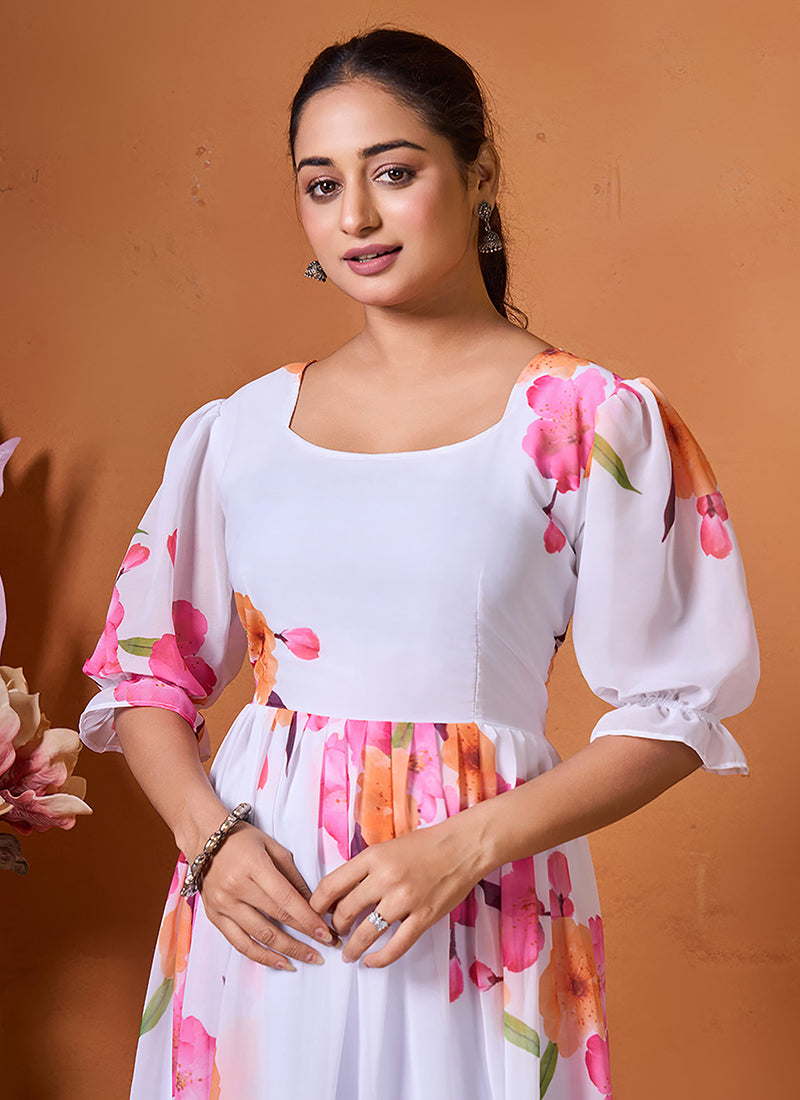 White Flower Printed Georgette Outwear Midi Dress