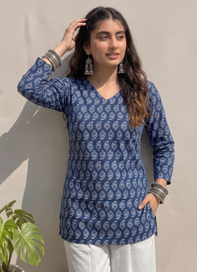 Blue Cotton Printed V Neck Kurti