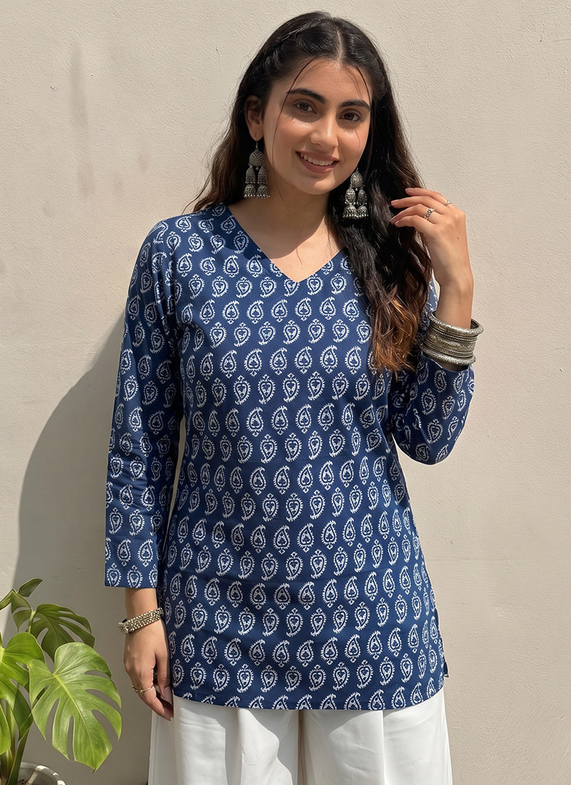 Blue Cotton Printed V Neck Kurti