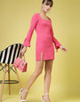 Pink Long Sleeve Round Neck Mini Dress