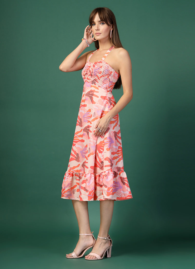 Multicolor Floral Print Crepe A-Line Midi Dress