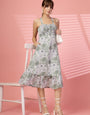Grey And Green Floral Printed Midi Dress