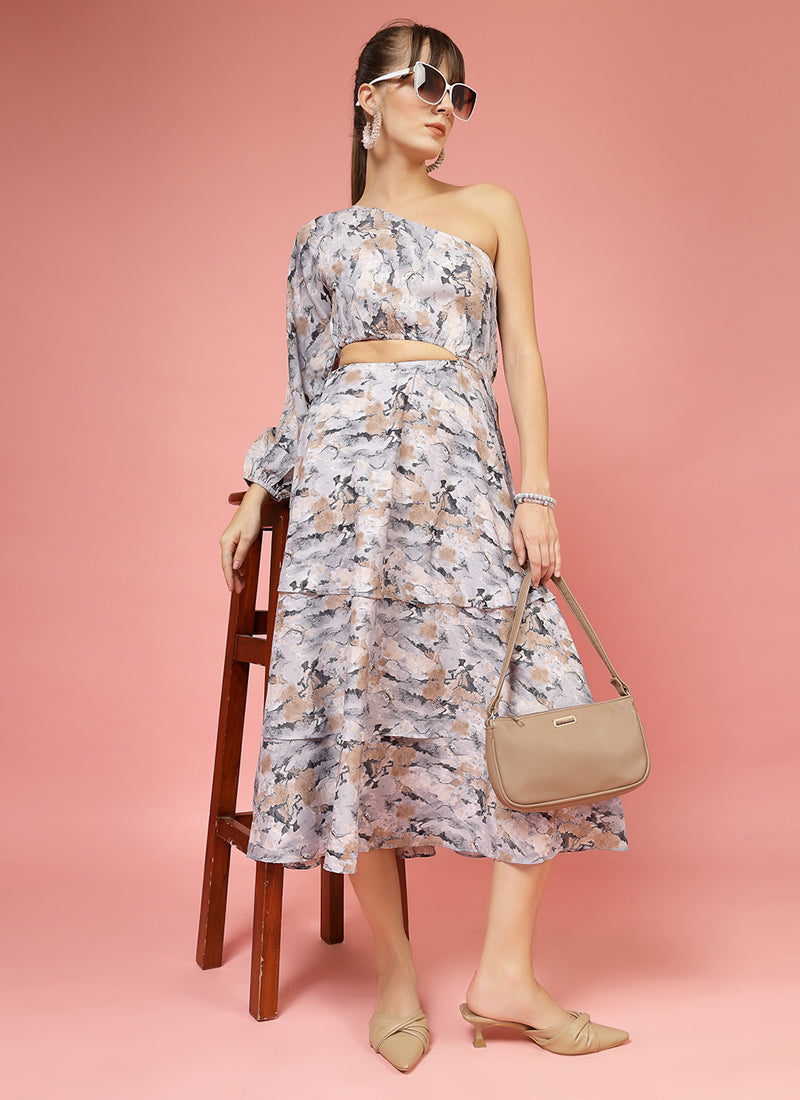 Multicolor Calf Length One Shoulder Midi Dress
