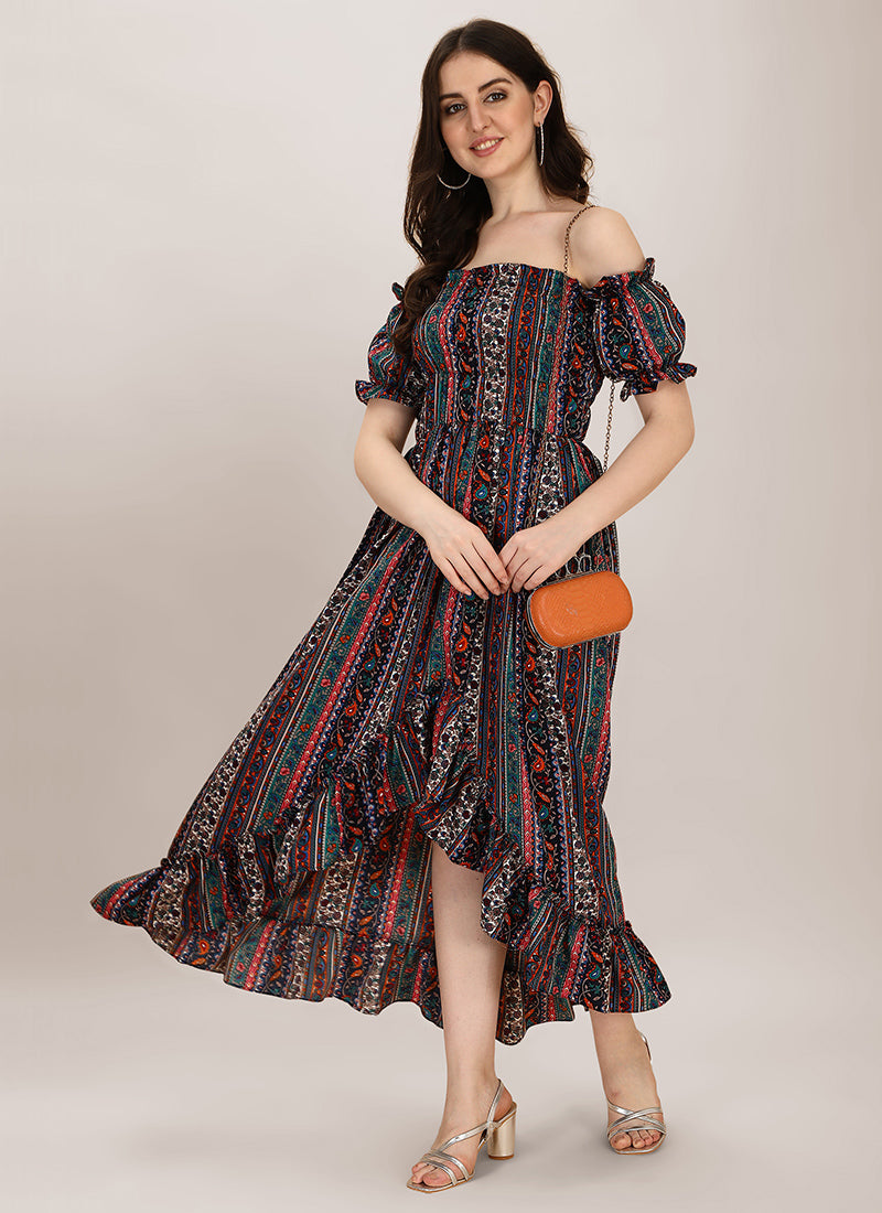 off shoulder maxi dress online india Multicolor Off Shoulder Maxi Dress