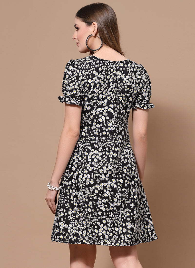 Black Flower Printed Outcast Mini Dress