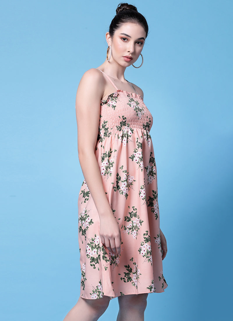 Pink Floral Printed Smocked Mini Dress