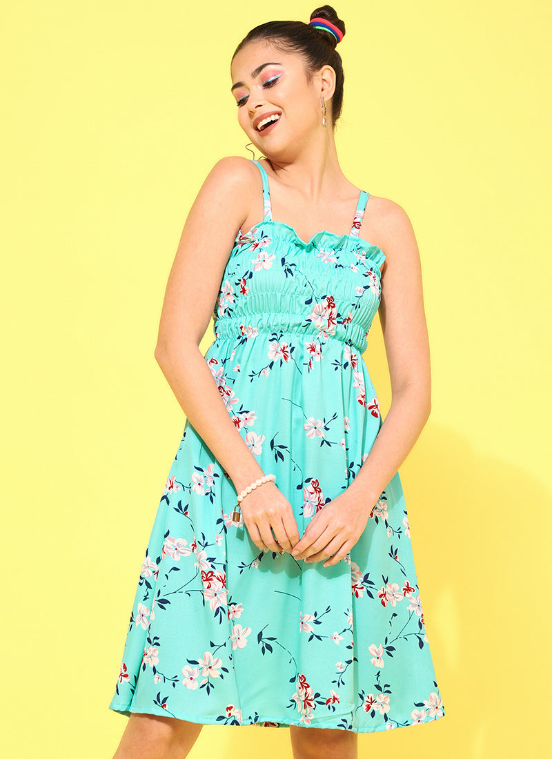 Turquoise Floral Printed Smocked Mini Dress