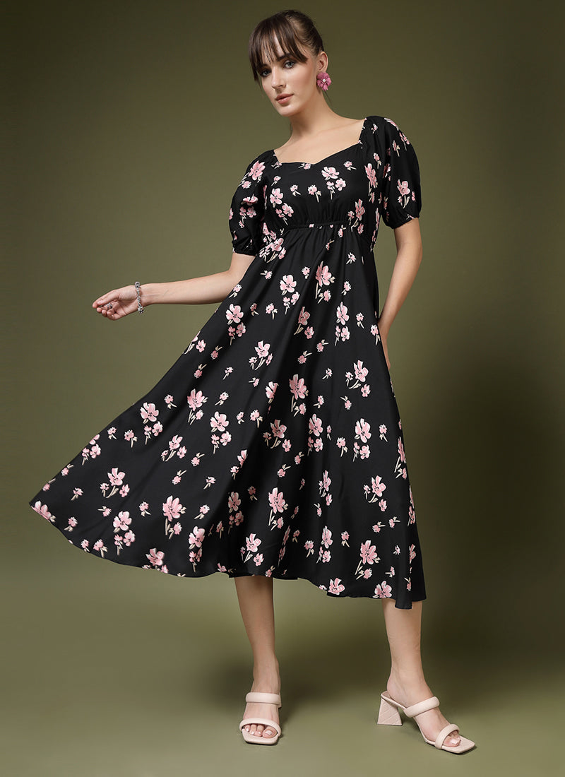 Black Floral Printed Puff Sleeve Midi Dress