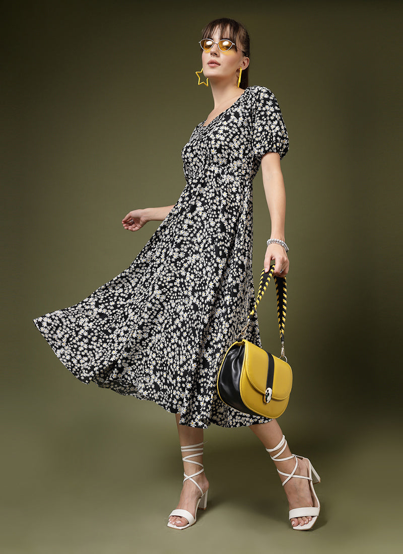 Flower Printed Black Calf Length Midi Dress