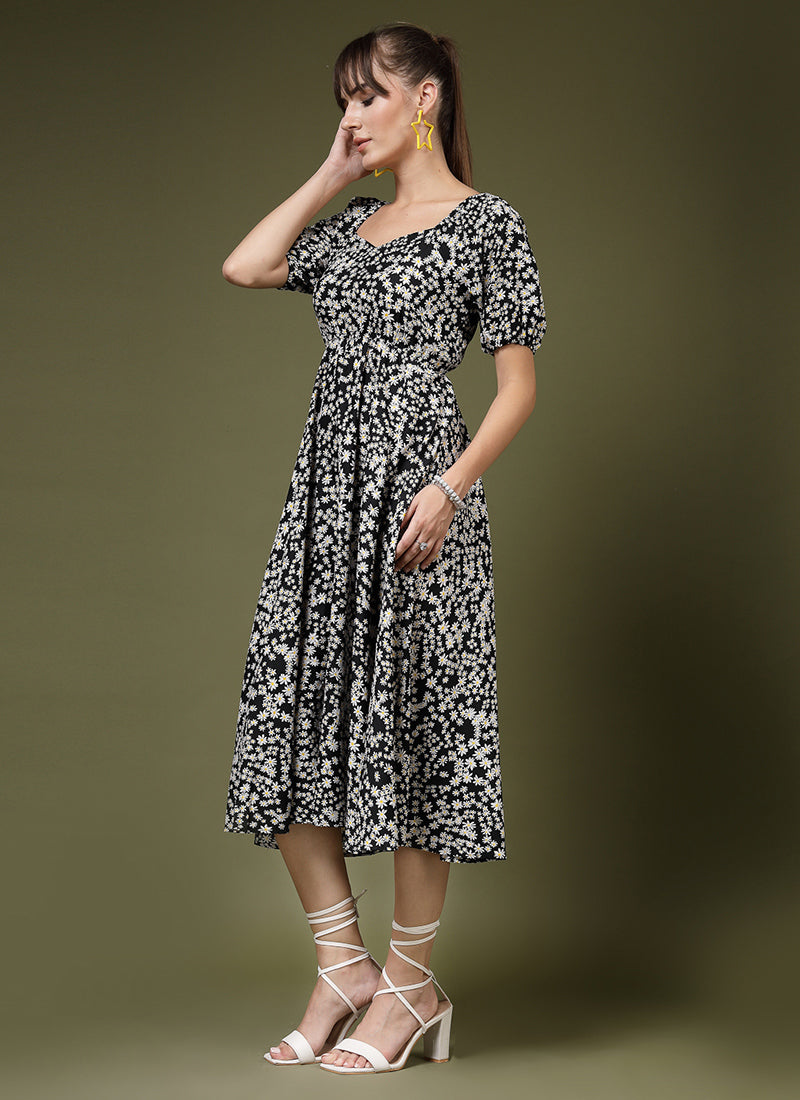 Flower Printed Black Calf Length Midi Dress